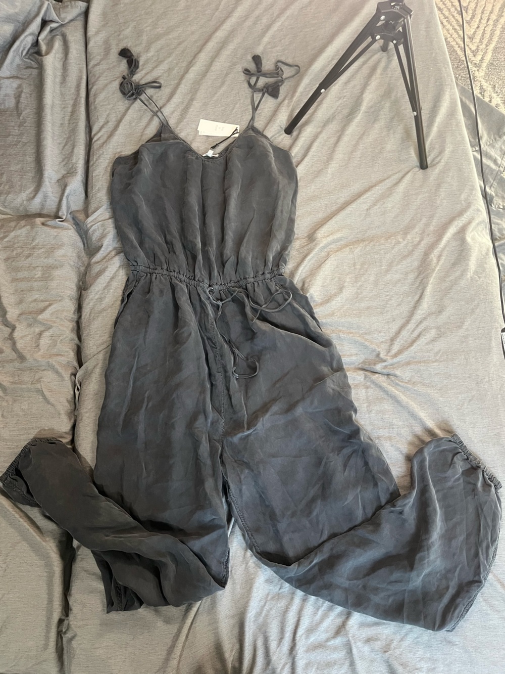 100% Silk Unsubscribed Black Tie-Shoulder Jumpsuit with Drawstring Waist, pocket